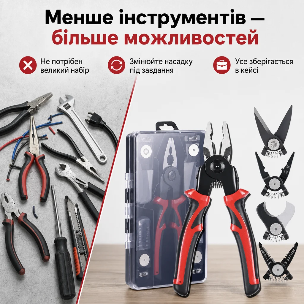 Мультитул-плоскогубці 5-в-1 зі змінними насадками — Проблема та рішення