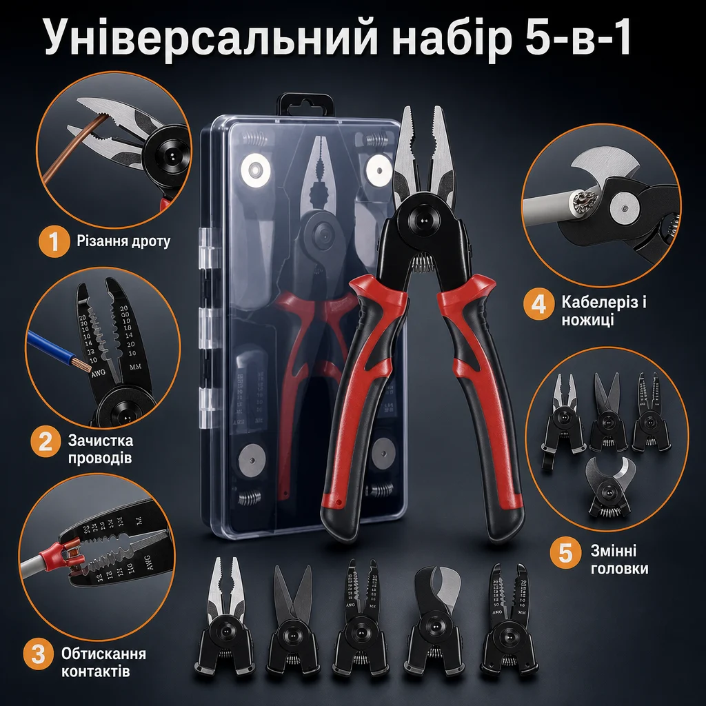 Мультитул-плоскогубці 5-в-1 зі змінними насадками — Основні переваги