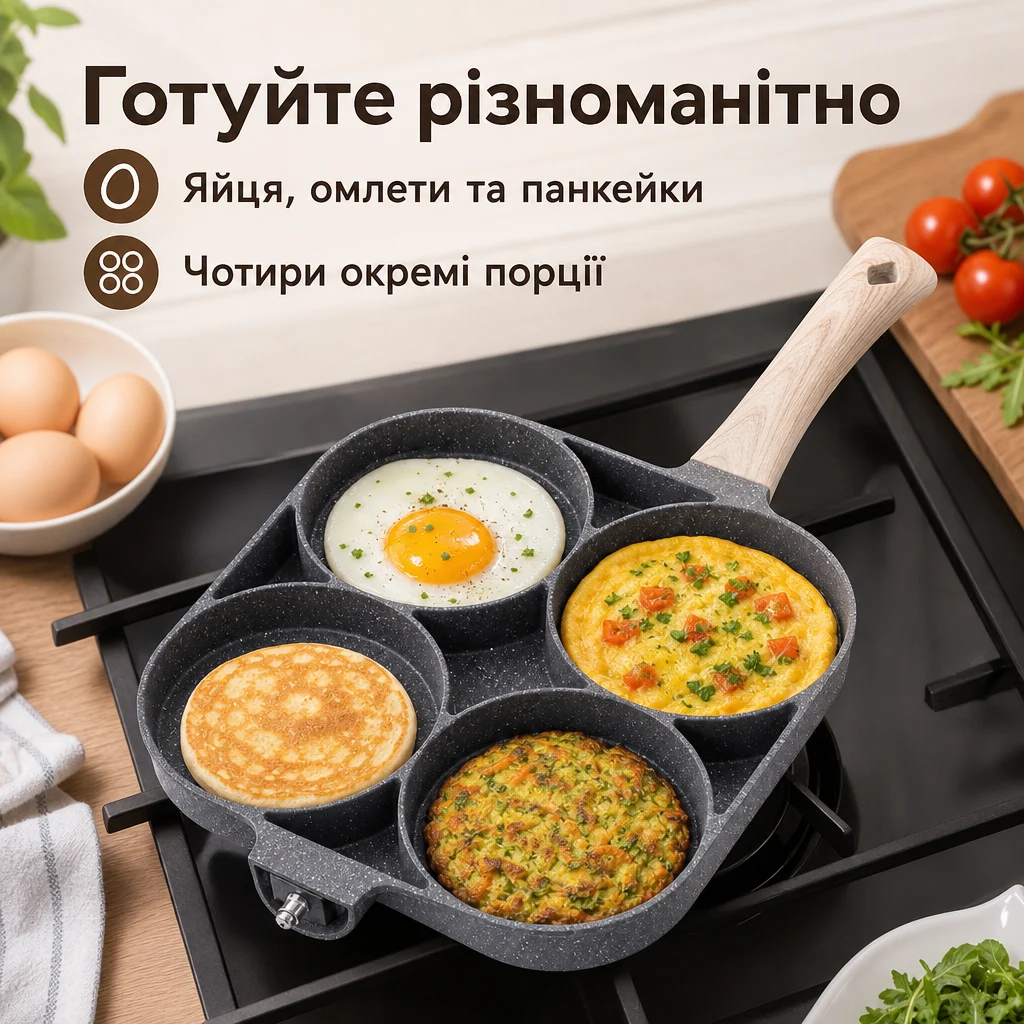 Сковорідка з 4 секціями для сніданків — Товар у використанні