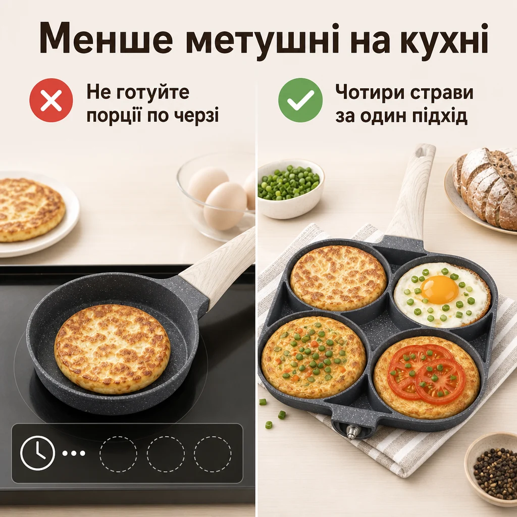 Сковорідка з 4 секціями для сніданків — Проблема та рішення