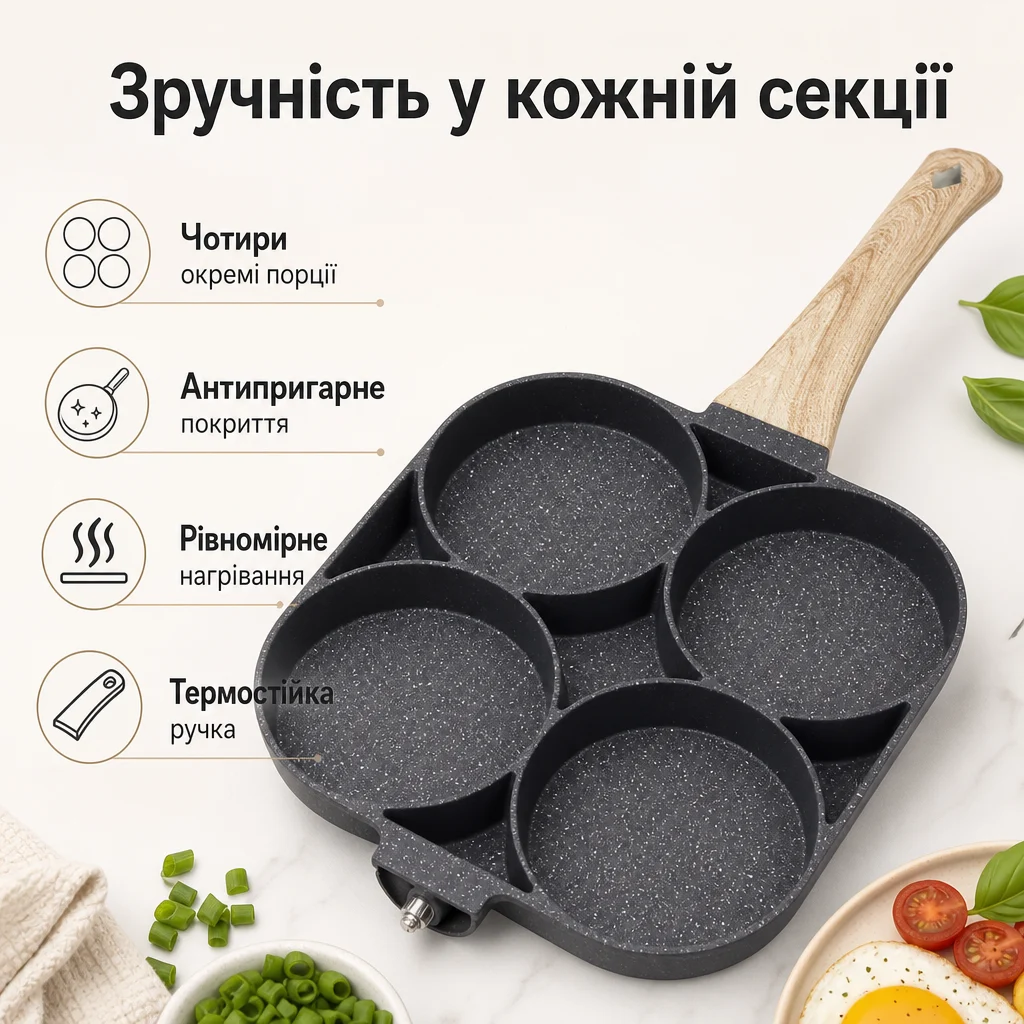 Сковорідка з 4 секціями для сніданків — Основні переваги