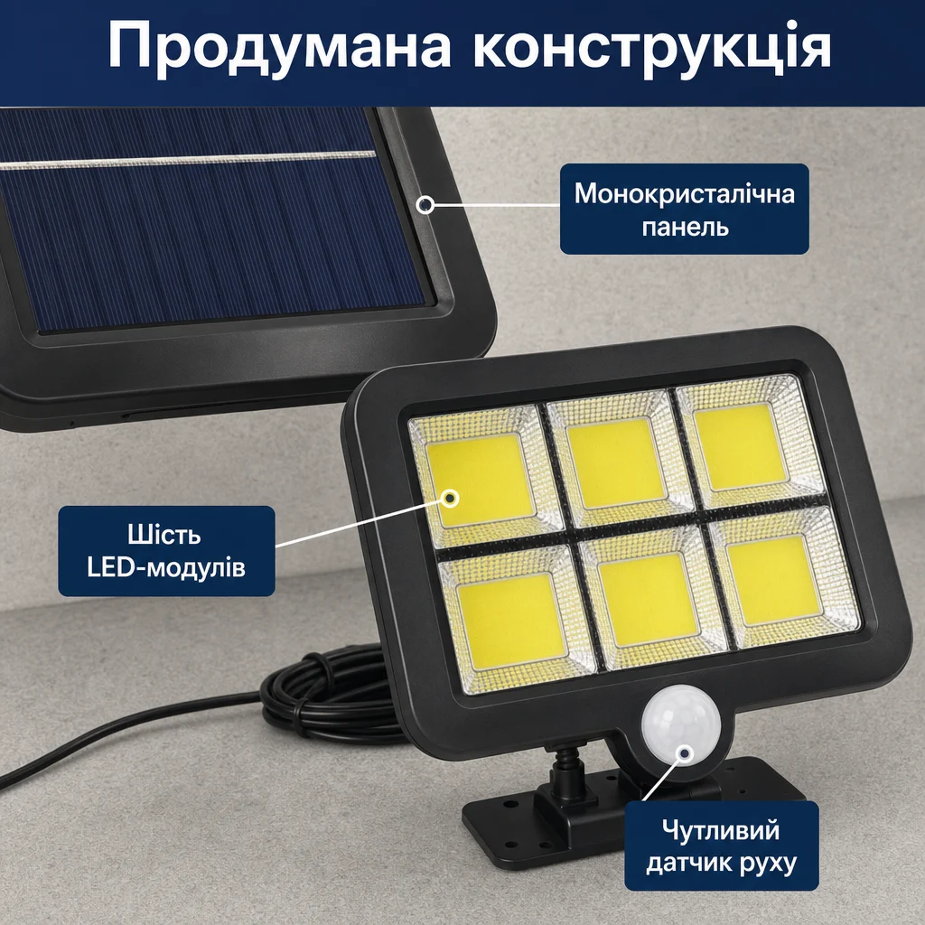 Сонячний LED-прожектор 200 Вт із датчиком руху — Деталі товару